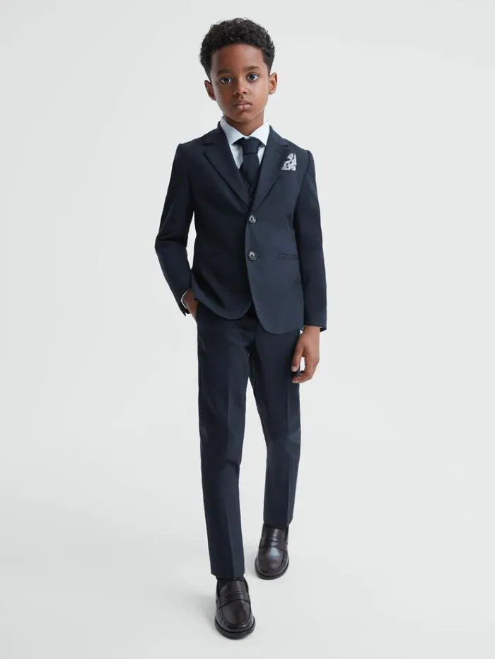 REISS Pants Children Wool Blend Adjustable Trousers Navy