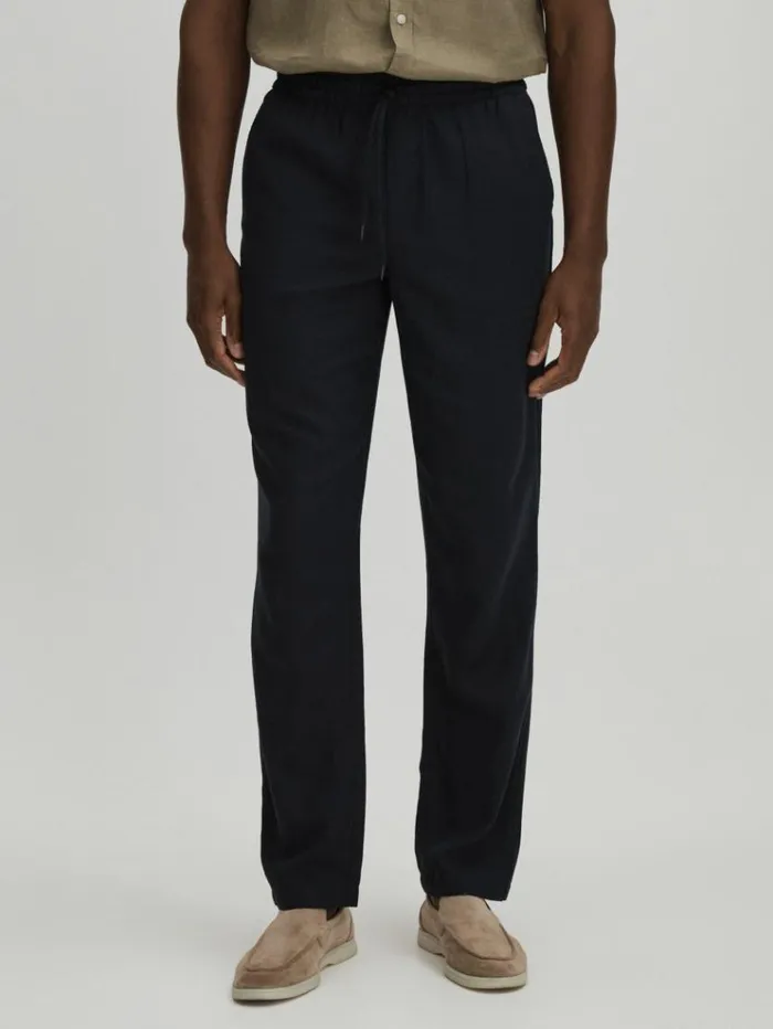 REISS Pants Men Les Deux Forest Green Linen Blend Drawstring Trousers Dark Navy REISS Pants Men Les Deux Forest Green Linen Blend Drawstring Trousers Dark Navy