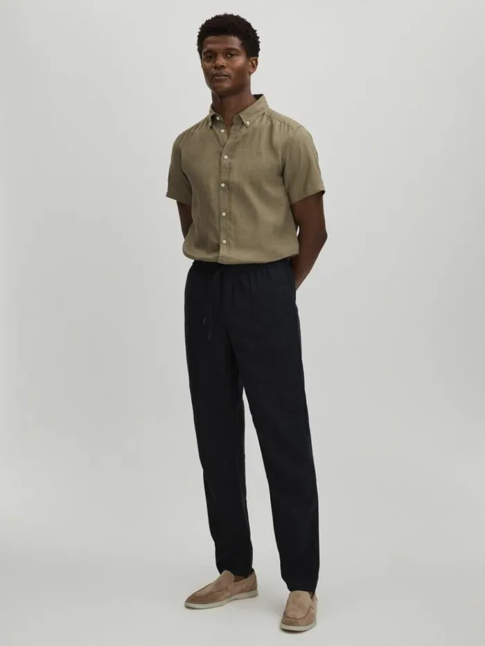 REISS Pants Men Les Deux Forest Green Linen Blend Drawstring Trousers Dark Navy
