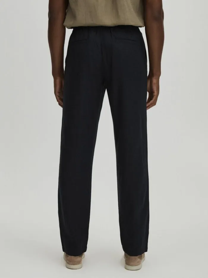 REISS Pants Men Les Deux Forest Green Linen Blend Drawstring Trousers Dark Navy