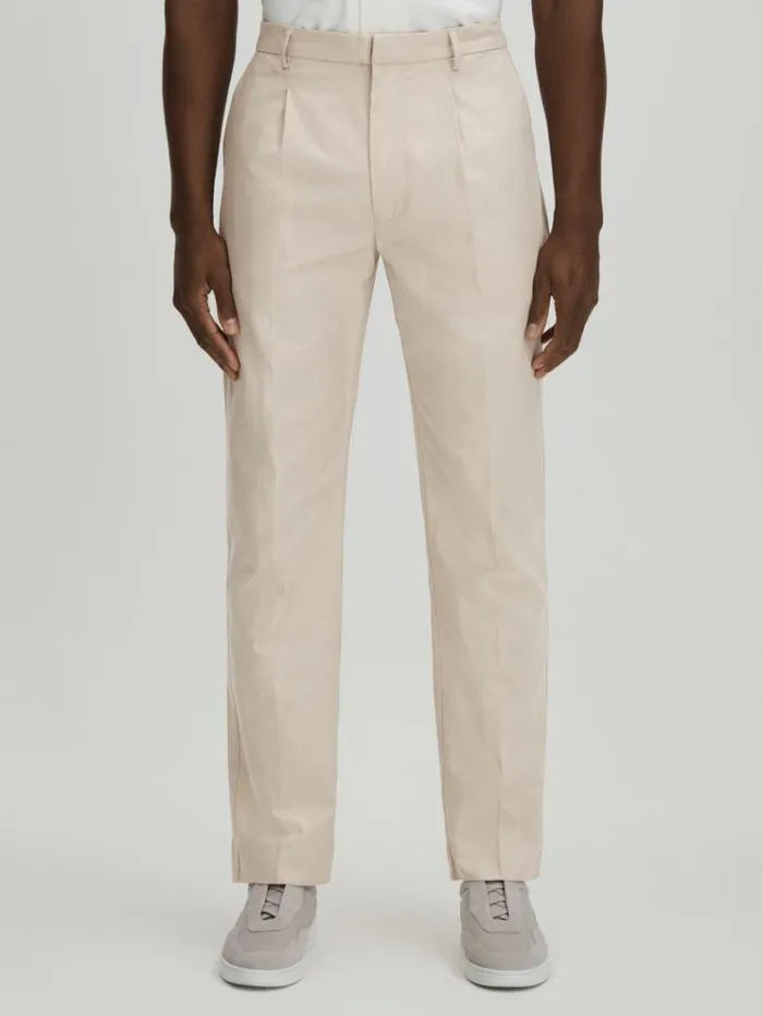REISS Pants Men Paige CottonLyocell Straight Leg Trousers Light Khaki