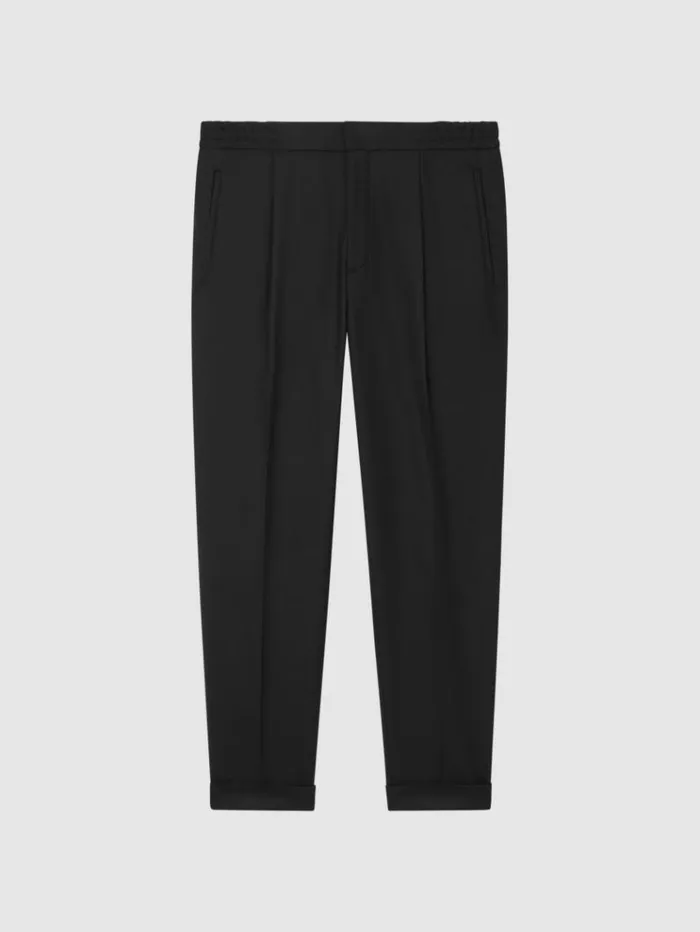 REISS Pants Men Relaxed Drawstring Trousers With TurnUps Black