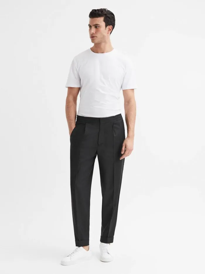REISS Pants Men Relaxed Drawstring Trousers With TurnUps Black