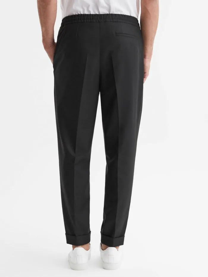 REISS Pants Men Relaxed Drawstring Trousers With TurnUps Black