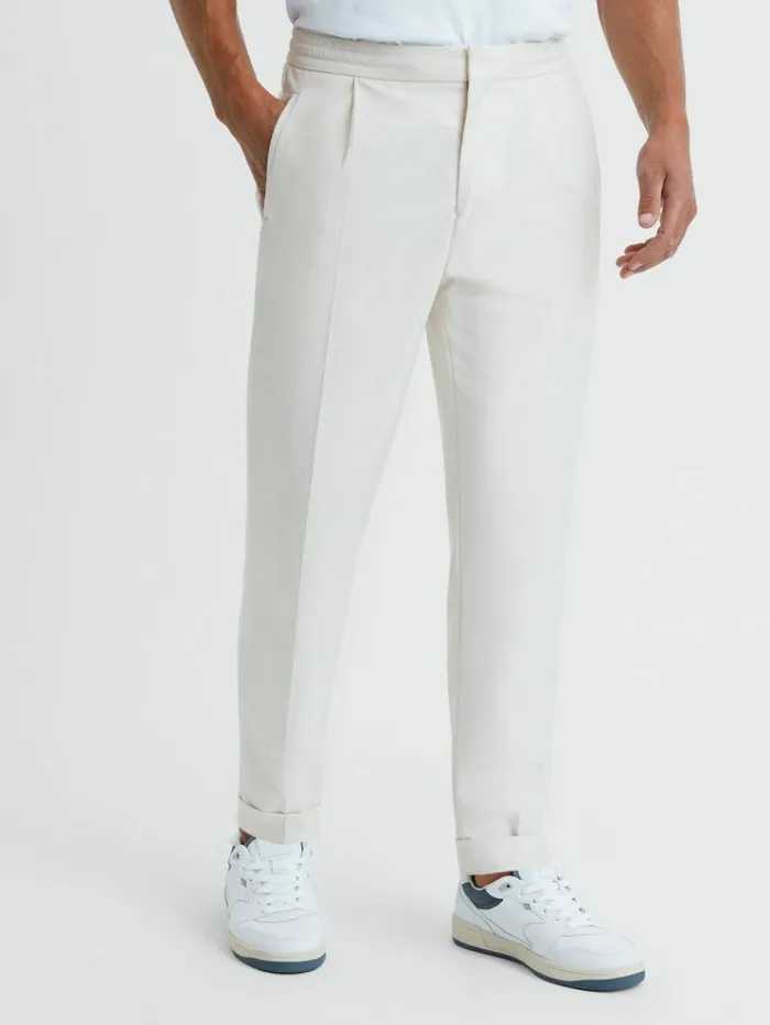 REISS Pants Men Relaxed Drawstring Trousers With TurnUps Ecru