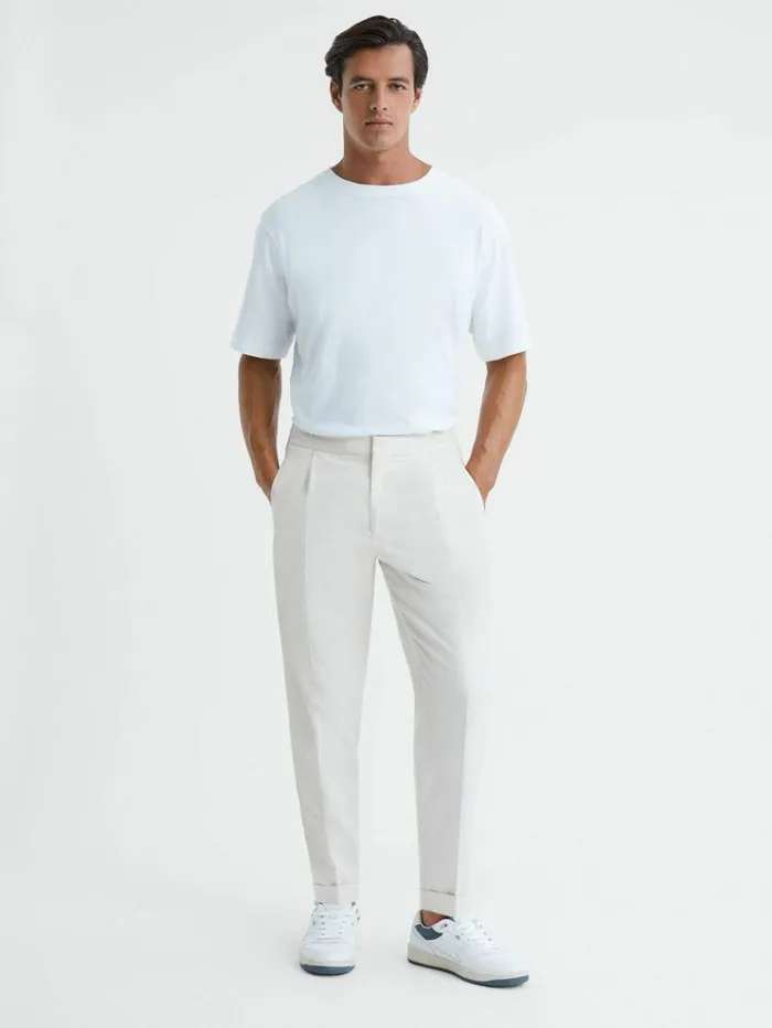 REISS Pants Men Relaxed Drawstring Trousers With TurnUps Ecru