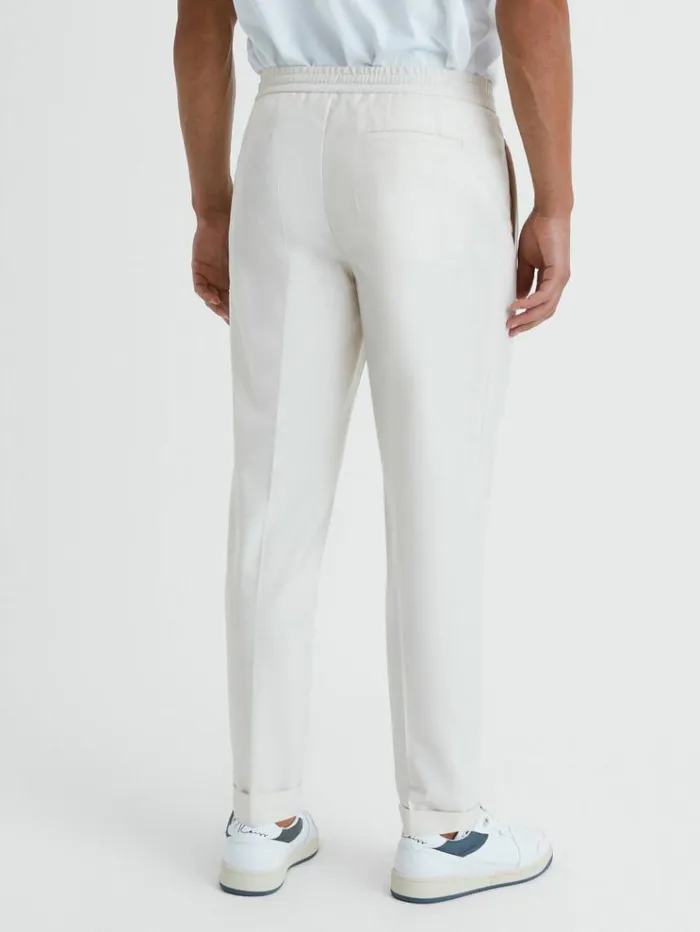 REISS Pants Men Relaxed Drawstring Trousers With TurnUps Ecru
