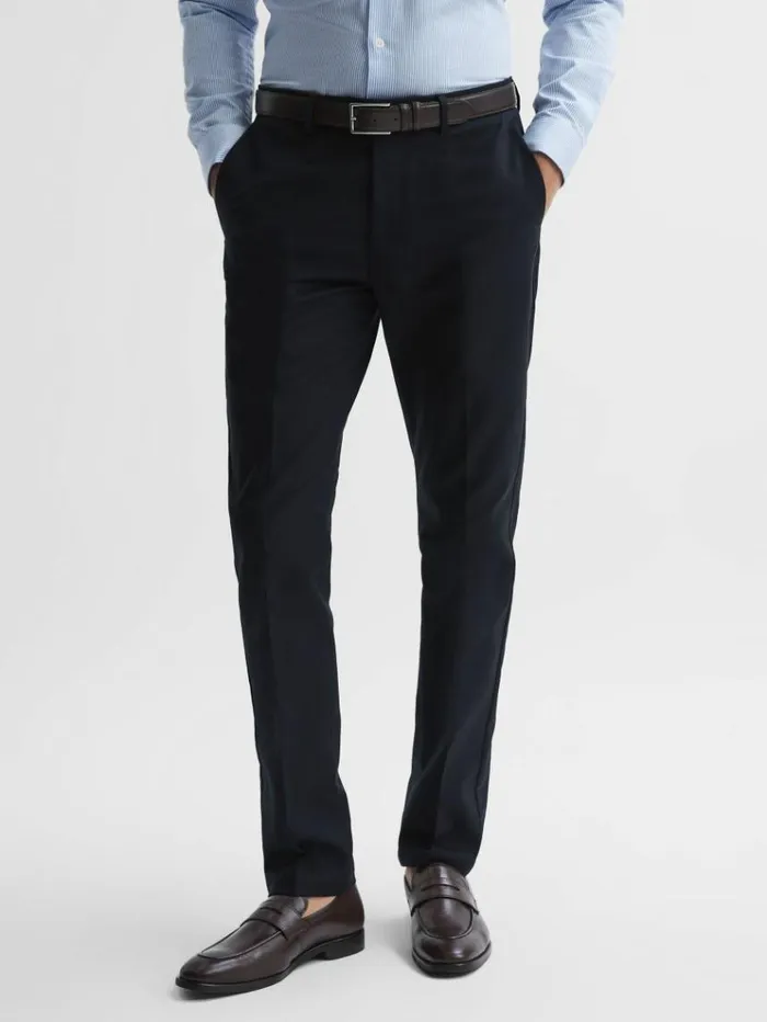 REISS Pants Men Slim Fit Cotton Blend Chinos Navy