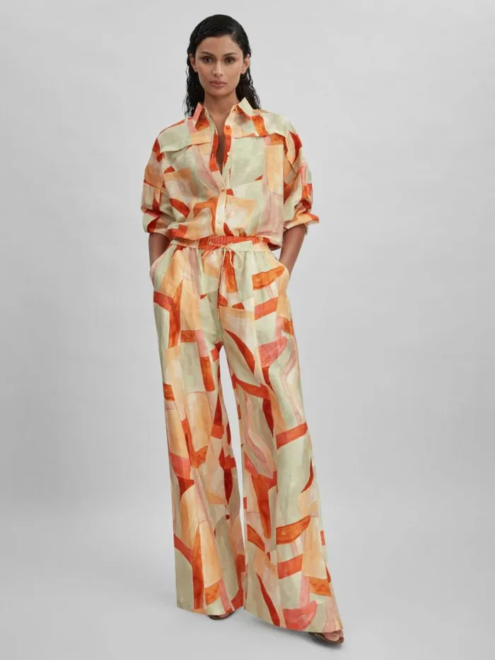 REISS Pants Women Acler Geometric Print Wide Leg Trousers Orange Multi
