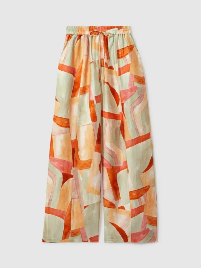 REISS Pants Women Acler Geometric Print Wide Leg Trousers Orange Multi