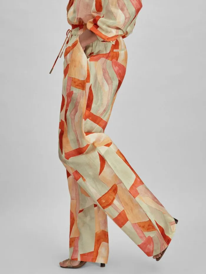 REISS Pants Women Acler Geometric Print Wide Leg Trousers Orange Multi