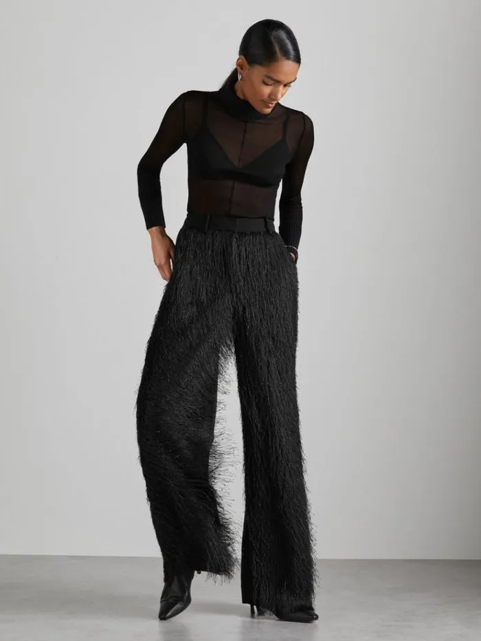 REISS Pants Women Atelier Fringed Crepe Trousers Black