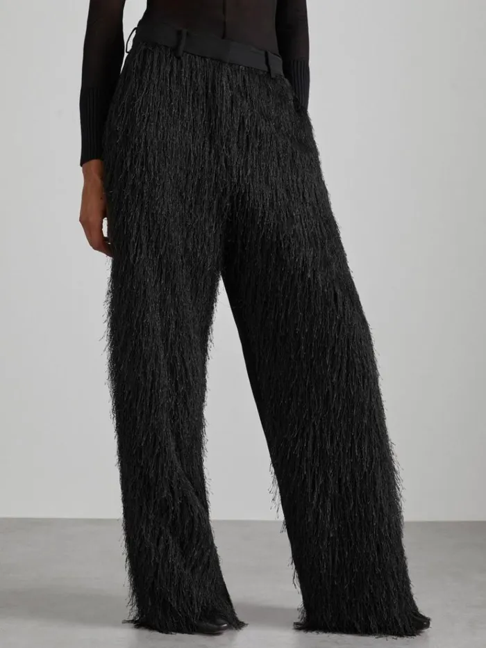 REISS Pants Women Atelier Fringed Crepe Trousers Black