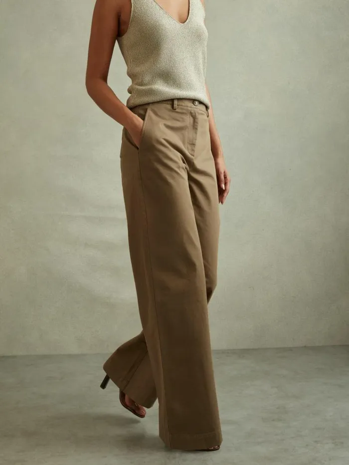 REISS Pants Women Cotton Blend Wide Leg Trousers Dark Camel