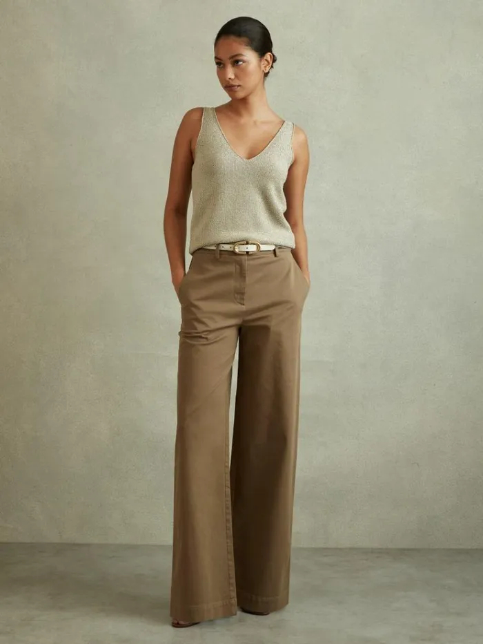 REISS Pants Women Cotton Blend Wide Leg Trousers Dark Camel