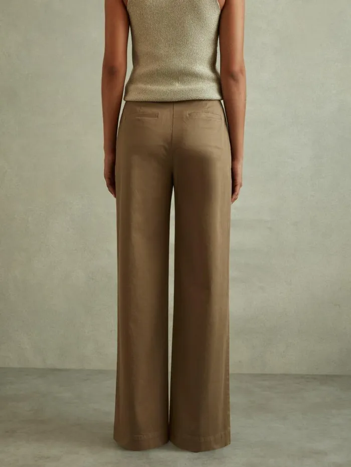 REISS Pants Women Cotton Blend Wide Leg Trousers Dark Camel