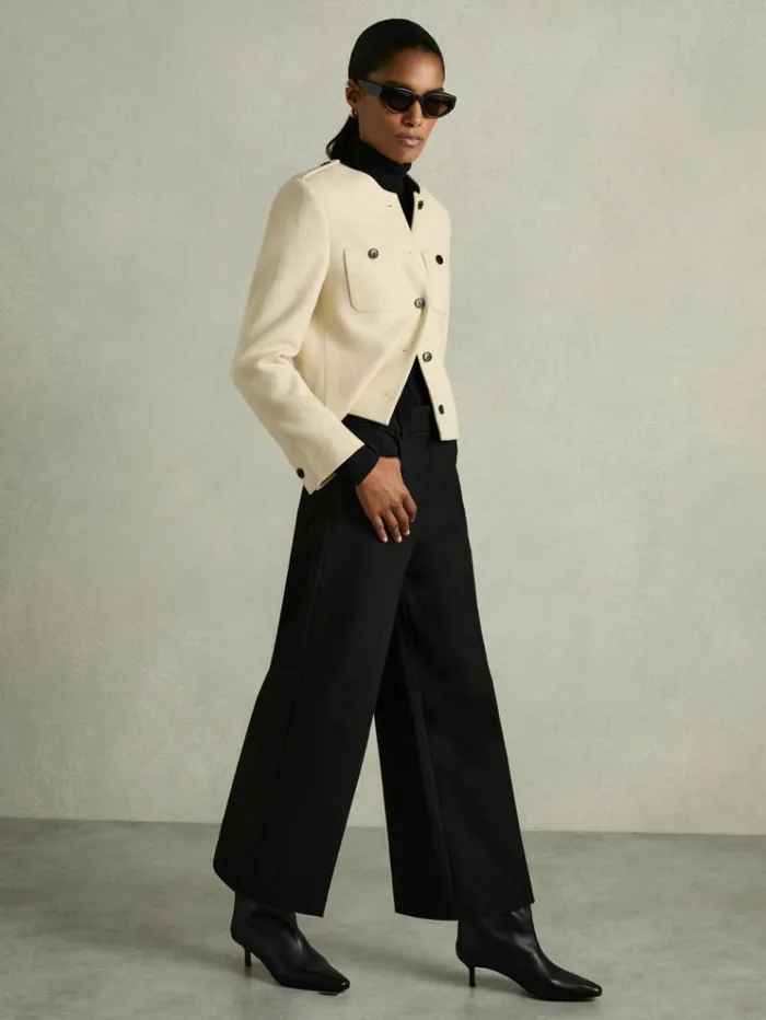 REISS Pants Women Cropped WideLeg Twill Trousers Black