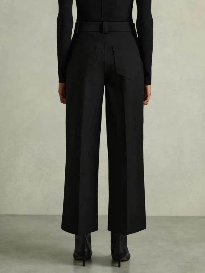 REISS Pants Women Cropped WideLeg Twill Trousers Black