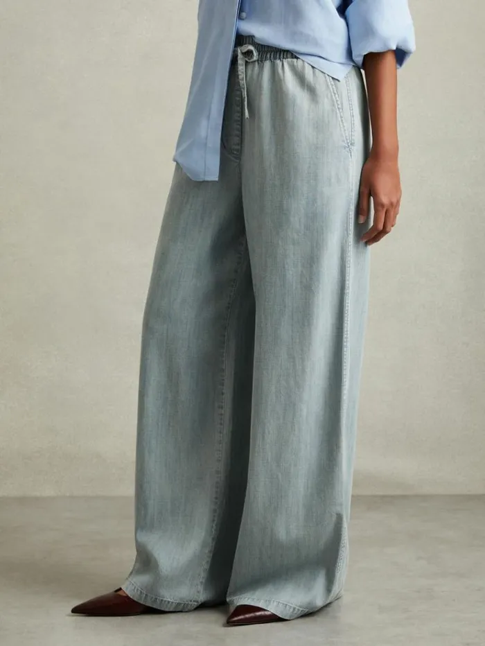 REISS Pants Women Denim Look Wide Leg Trousers Light Blue