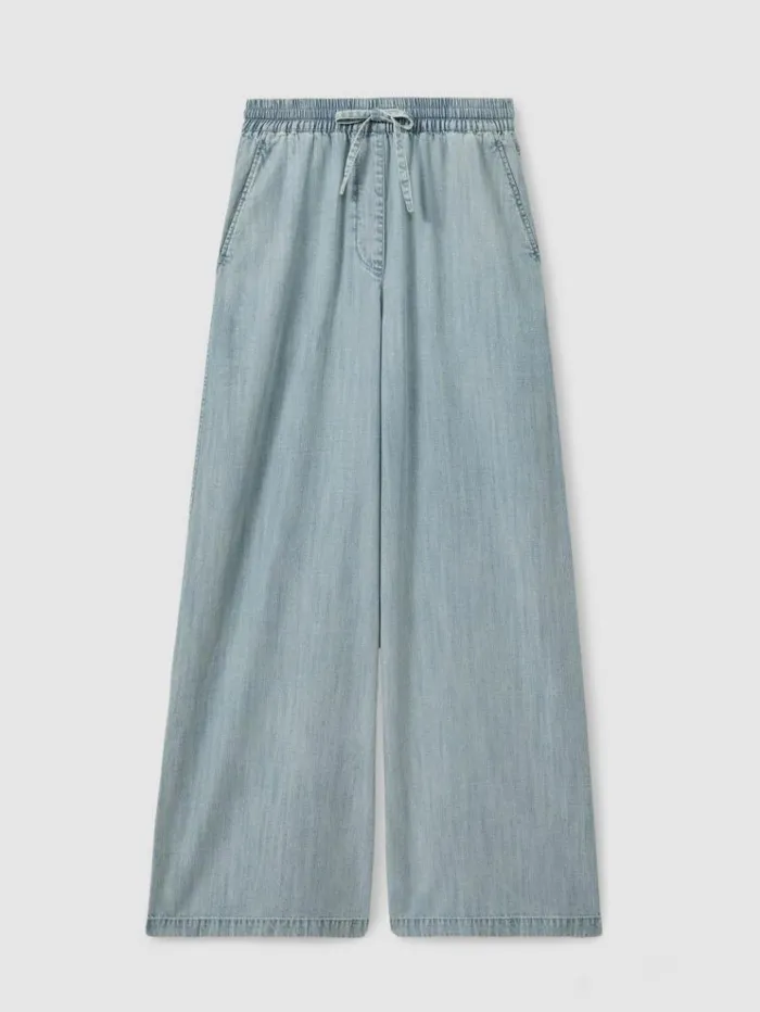 REISS Pants Women Denim Look Wide Leg Trousers Light Blue