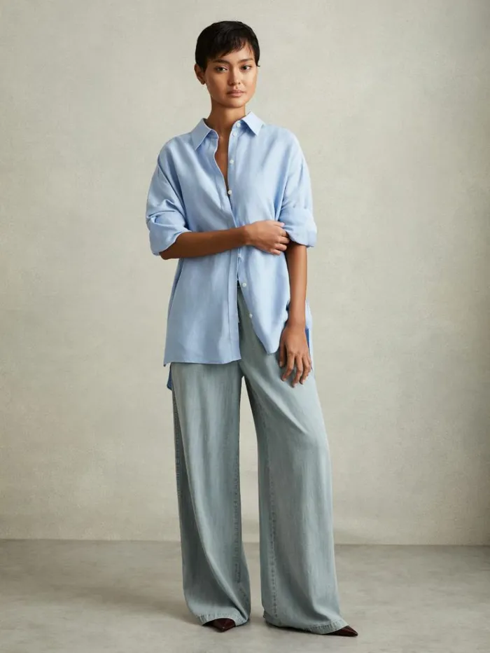 REISS Pants Women Denim Look Wide Leg Trousers Light Blue