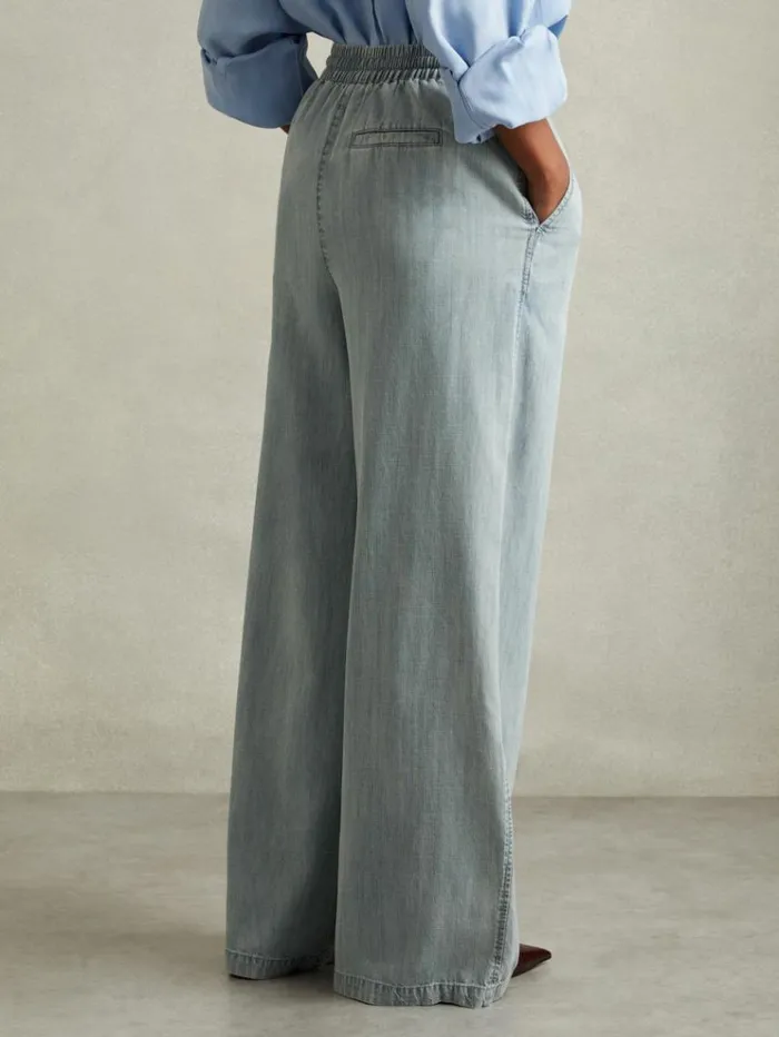 REISS Pants Women Denim Look Wide Leg Trousers Light Blue