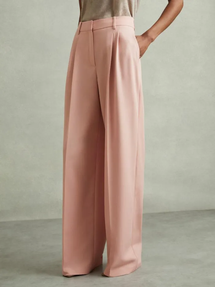 REISS Pants Women Double Pleat Wide Leg Trousers Pink