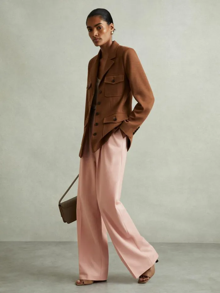 REISS Pants Women Double Pleat Wide Leg Trousers Pink