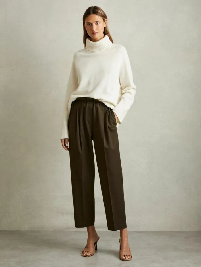 REISS Pants Women Drawstring Waist Tapered Trousers Khaki