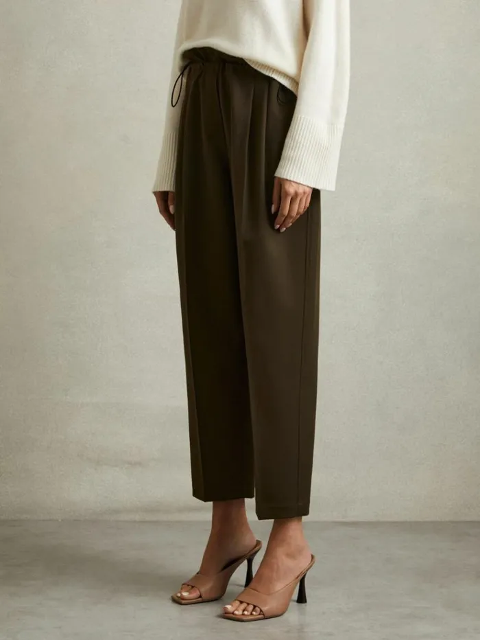REISS Pants Women Drawstring Waist Tapered Trousers Khaki
