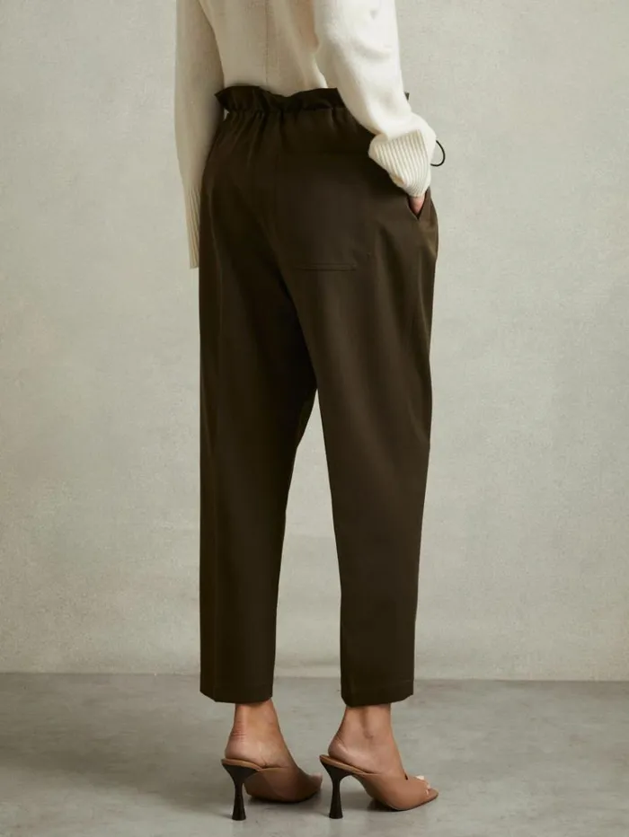 REISS Pants Women Drawstring Waist Tapered Trousers Khaki