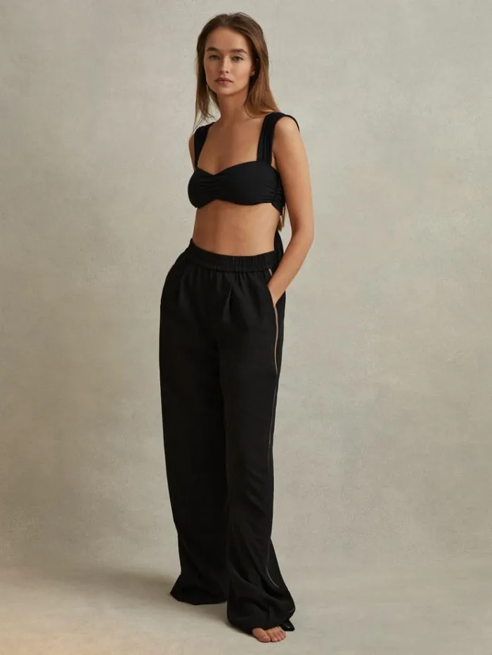 REISS Pants Women Elasticated Side Stripe Tapered Trousers Black