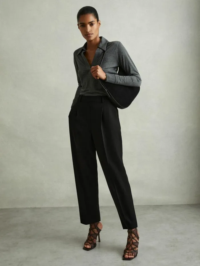 REISS Pants Women Front Pleat Tapered Trousers Black