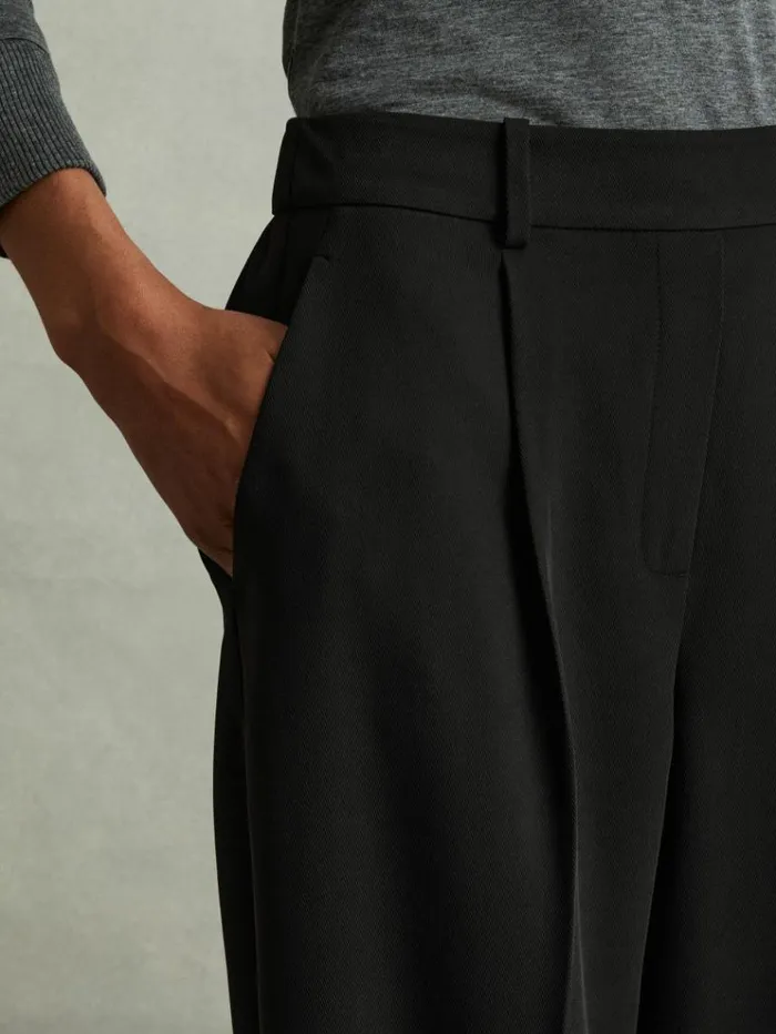 REISS Pants Women Front Pleat Tapered Trousers Black