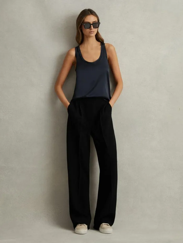 REISS Pants Women HalfElasticated Wide Leg Trousers Black