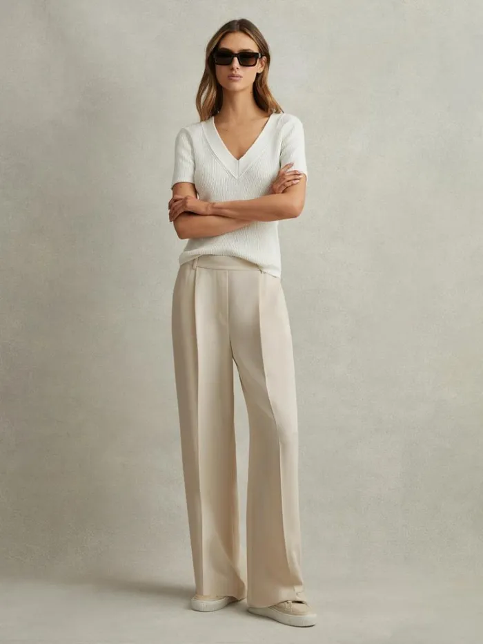 REISS Pants Women HalfElasticated Wide Leg Trousers Cream
