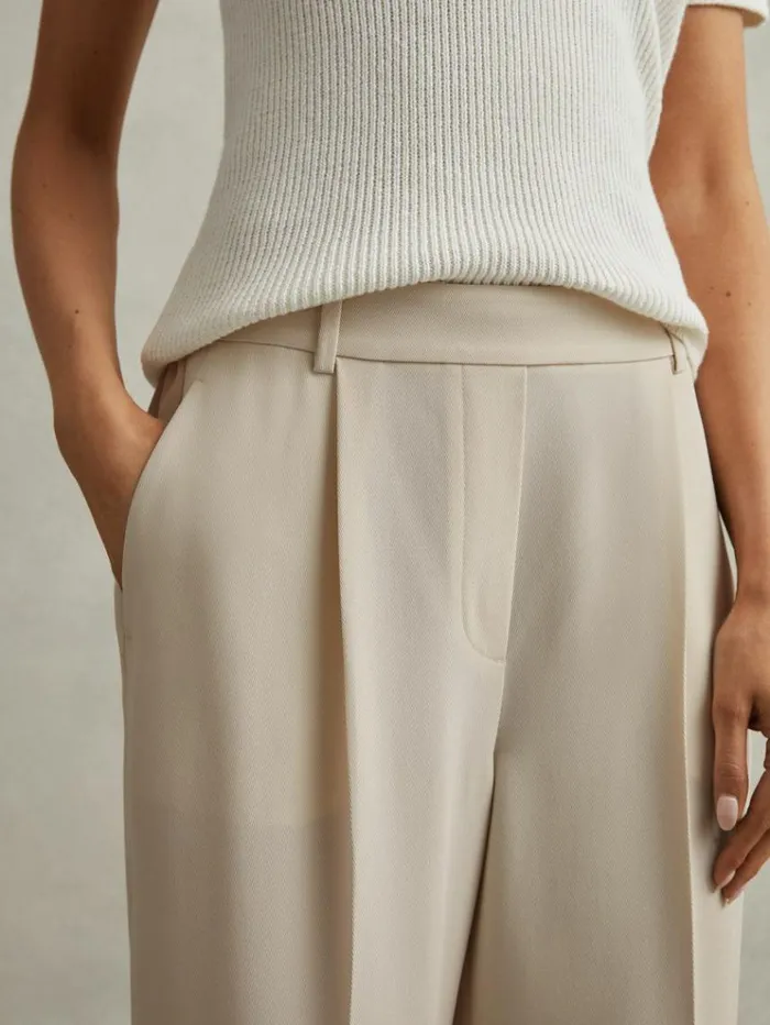 REISS Pants Women HalfElasticated Wide Leg Trousers Cream