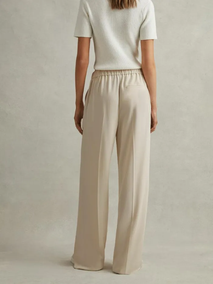 REISS Pants Women HalfElasticated Wide Leg Trousers Cream