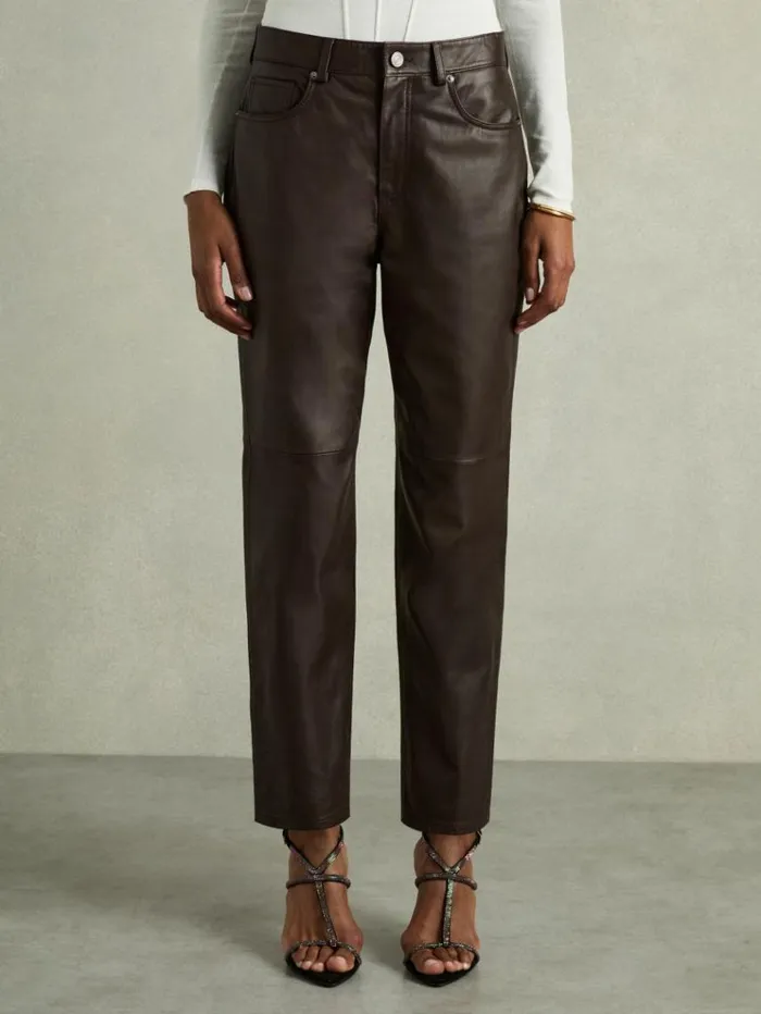 REISS Pants Women Leather SlimLeg Trousers Chocolate