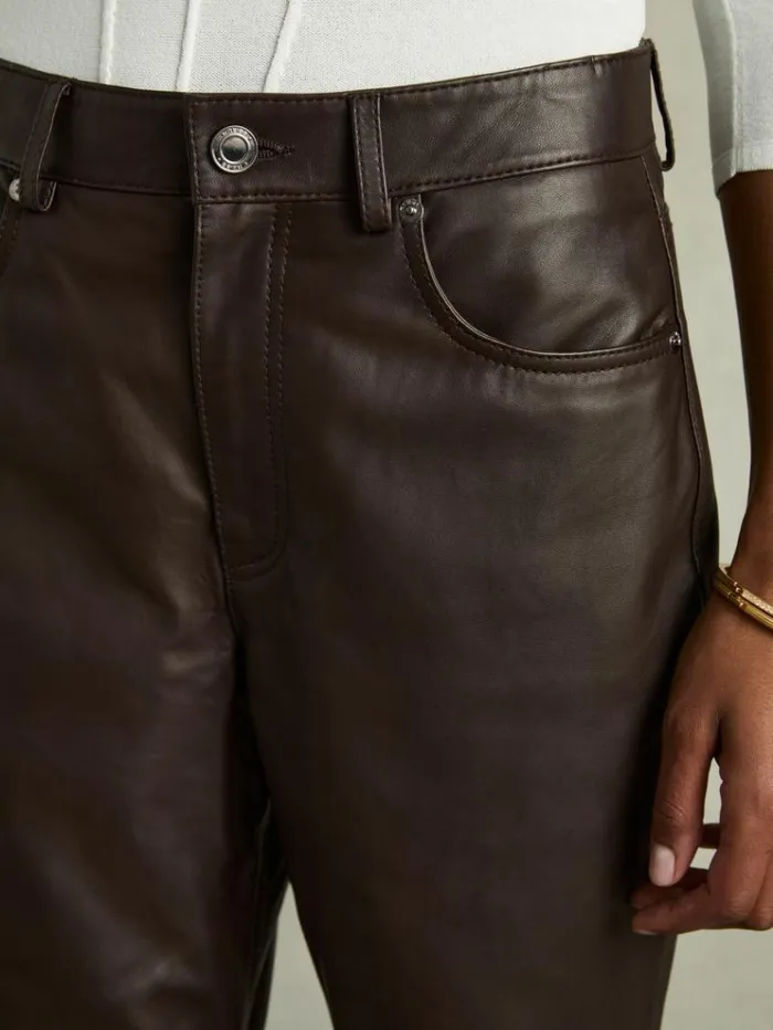 REISS Pants Women Leather SlimLeg Trousers Chocolate