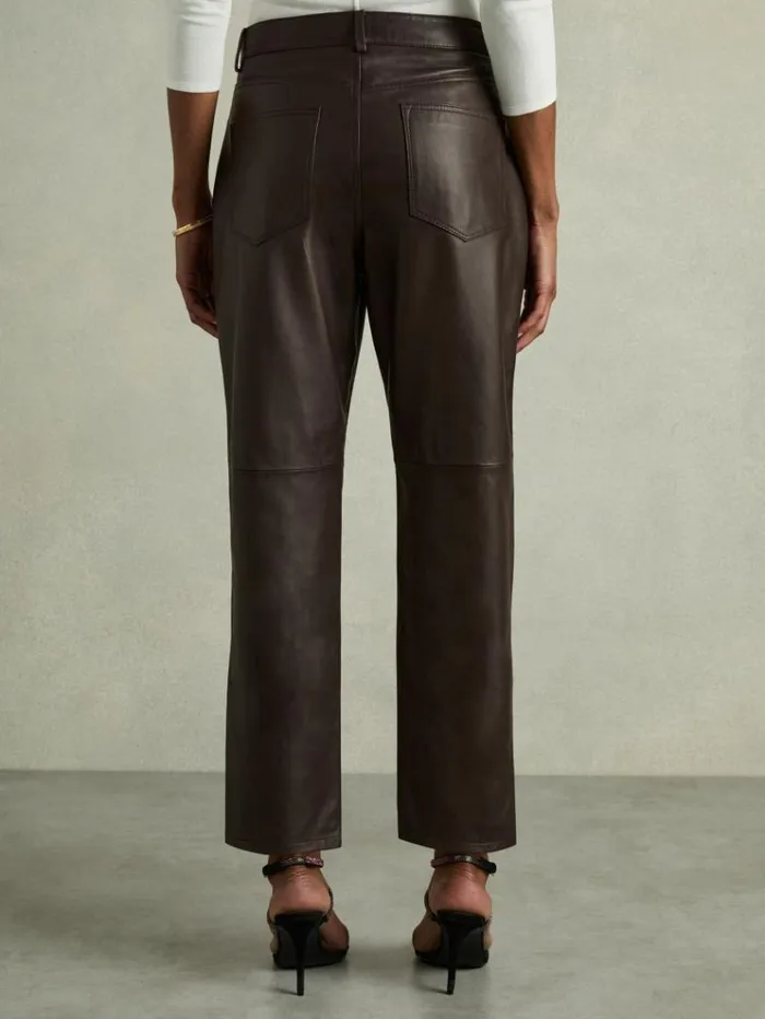 REISS Pants Women Leather SlimLeg Trousers Chocolate