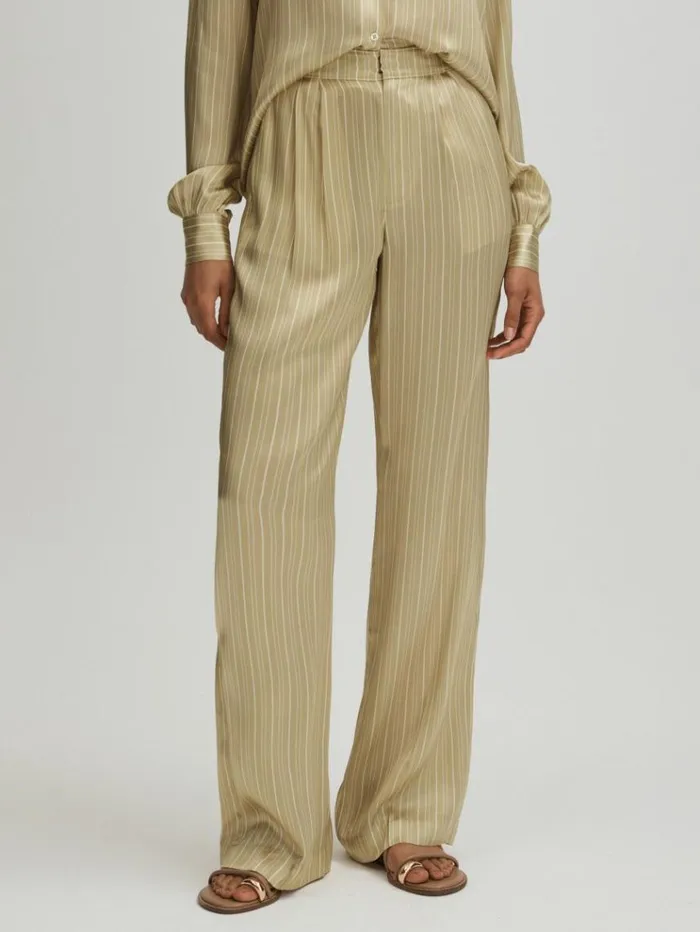 REISS Pants Women Paige Silk Striped Wide Leg Trousers Olive