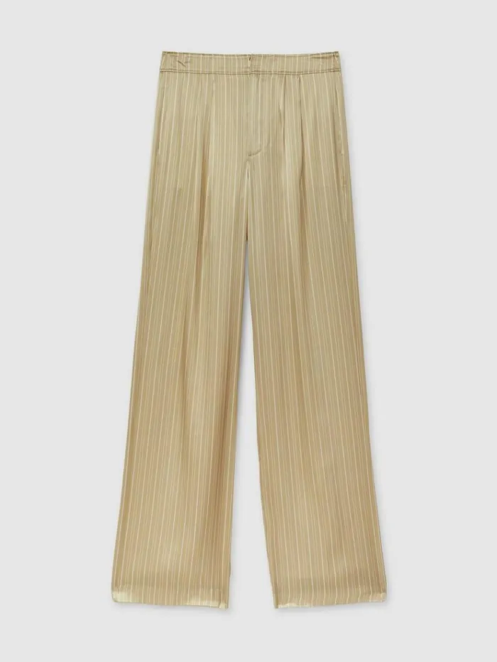 REISS Pants Women Paige Silk Striped Wide Leg Trousers Olive
