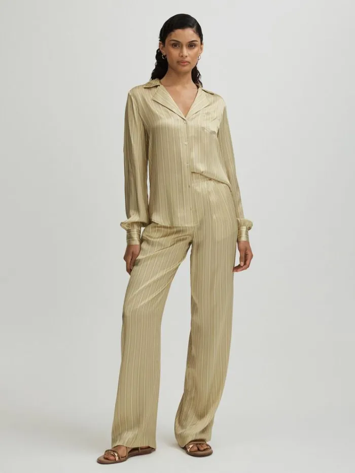 REISS Pants Women Paige Silk Striped Wide Leg Trousers Olive