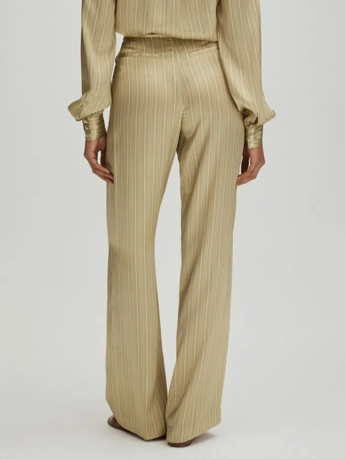 REISS Pants Women Paige Silk Striped Wide Leg Trousers Olive