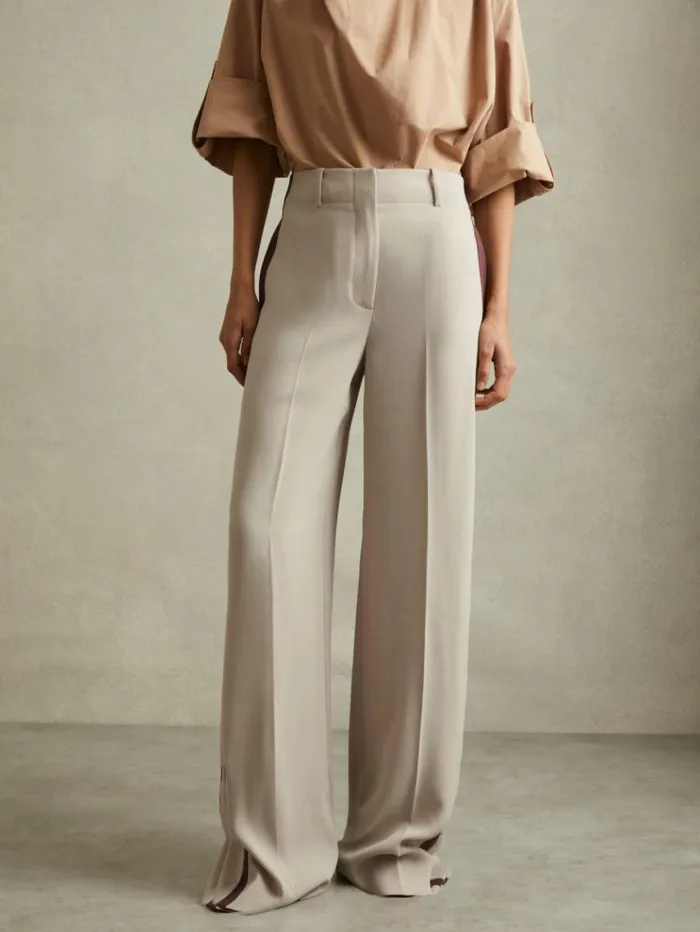REISS Pants Women Side Stripe Wide Leg Trousers Stone