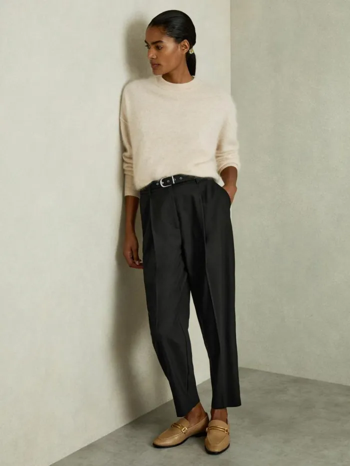 REISS Pants Women Tapered Belted Trousers Black
