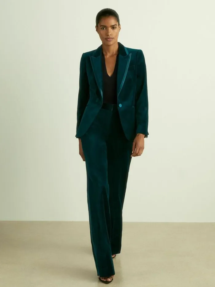 REISS Pants Women Velvet Flared Suit Trousers Teal