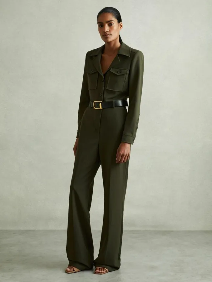 REISS Petite Women Belted Utility Jumpsuit Dark Green