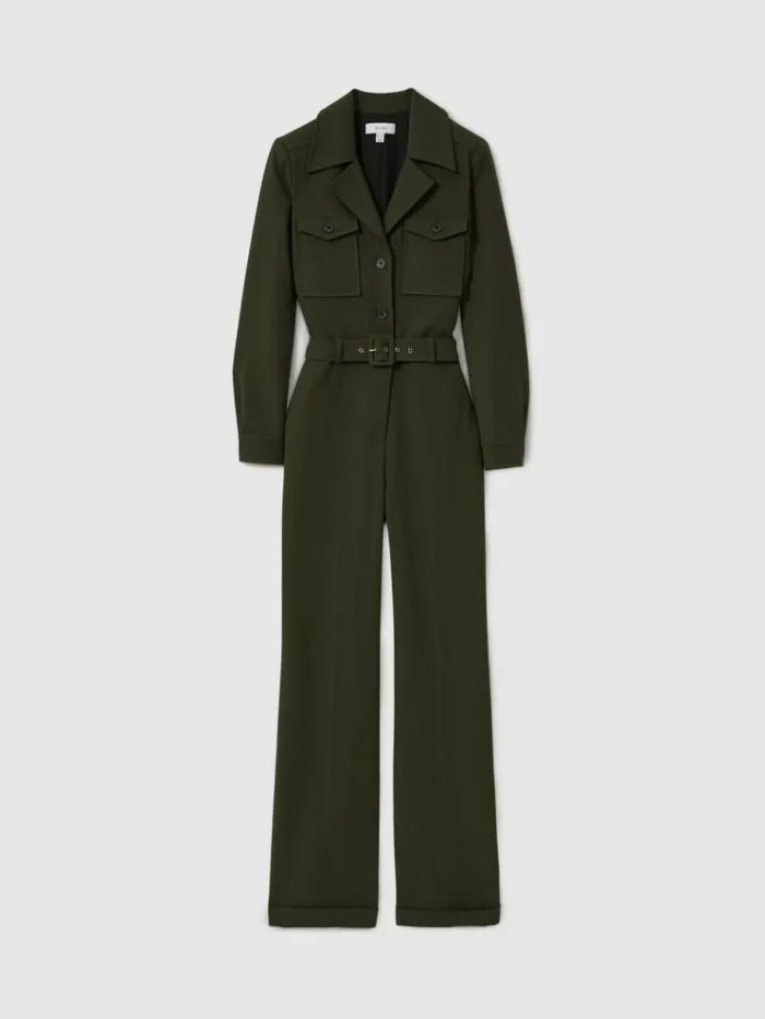 REISS Petite Women Belted Utility Jumpsuit Dark Green